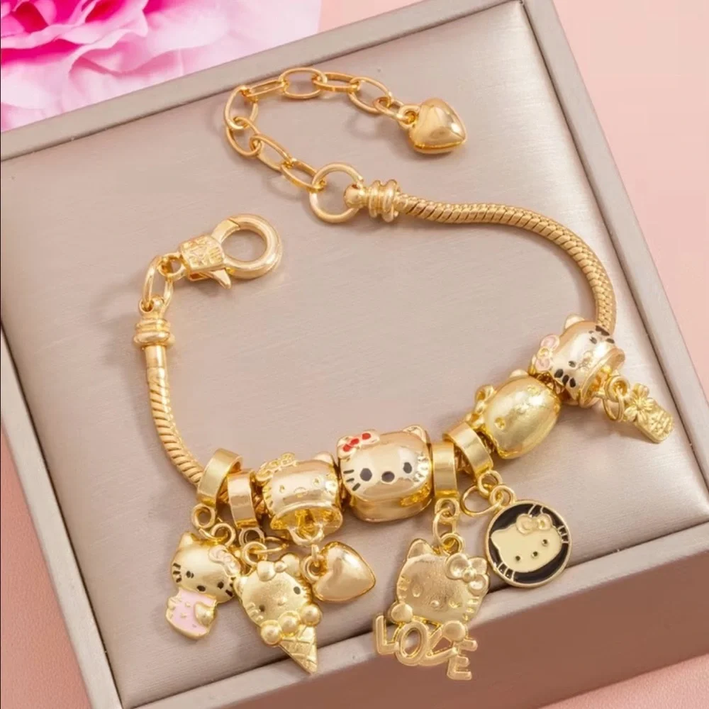 Sanrio Gold Hello Kitty Charm Beaded Bracelet JapaneseAnime Hello Kitty Core Y2K